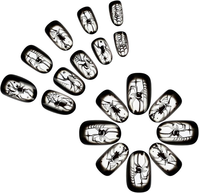 WULIUFLY Multi-demand satisfied design 24 PCS Halloween Black Spider Fake Nails Short Almond Press on Nails Oval Acrylic Nails Black Spider Glue on Nails Halloween Spider Nails Press ons Short Halloween Press on Nails for Women Manicure Batch consistent craftsmanship - Image 4