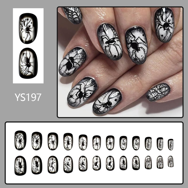 WULIUFLY Multi-demand satisfied design 24 PCS Halloween Black Spider Fake Nails Short Almond Press on Nails Oval Acrylic Nails Black Spider Glue on Nails Halloween Spider Nails Press ons Short Halloween Press on Nails for Women Manicure Batch consistent craftsmanship - Image 2