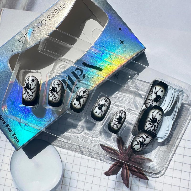 WULIUFLY Multi-demand satisfied design 24 PCS Halloween Black Spider Fake Nails Short Almond Press on Nails Oval Acrylic Nails Black Spider Glue on Nails Halloween Spider Nails Press ons Short Halloween Press on Nails for Women Manicure Batch consistent craftsmanship - Image 3