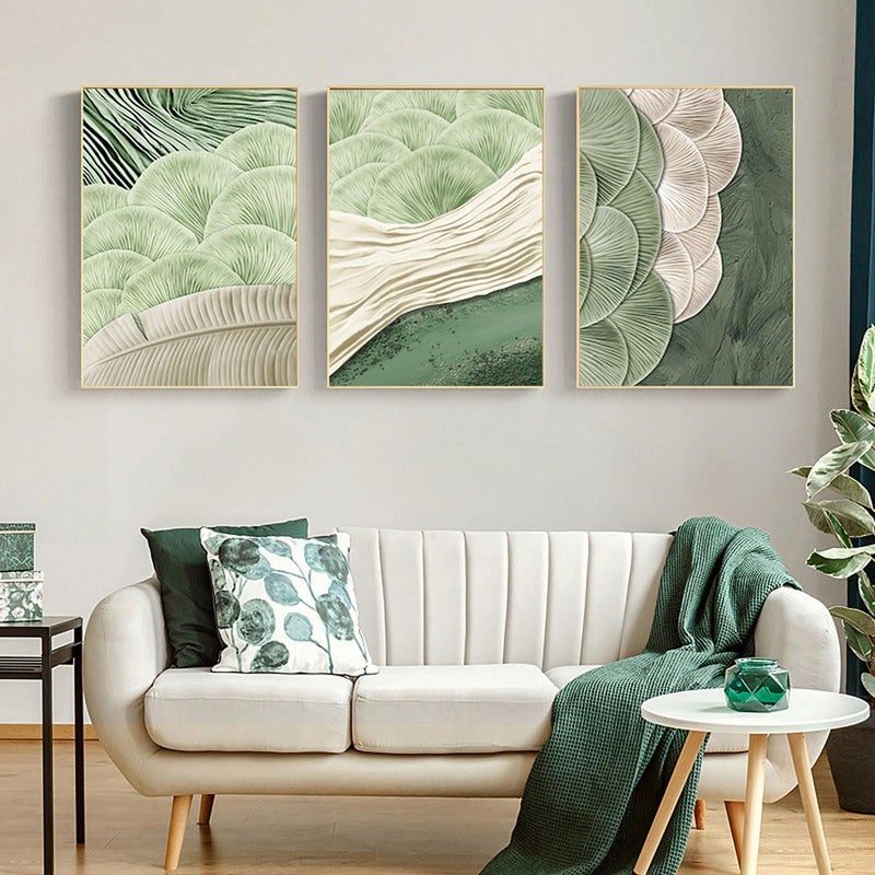 LOARTVE 3 Pieces Abstract Green Wall Art Mid Century Texture Wall Decor Posters Modern Minimalist Pictures Sage Green Ginkgo Leaf Canvas Paintings Prints for Bedroom Living Room - Image 1