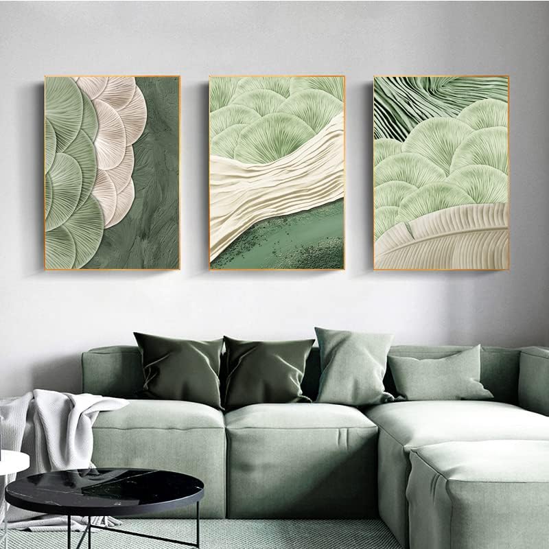 LOARTVE 3 Pieces Abstract Green Wall Art Mid Century Texture Wall Decor Posters Modern Minimalist Pictures Sage Green Ginkgo Leaf Canvas Paintings Prints for Bedroom Living Room - Image 4