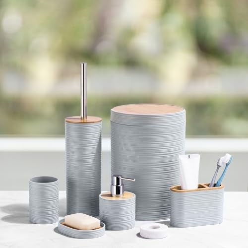 CERBIOR Bathroom Accessories Set 6 Piece Bamboo Bath Ensemble Includes Soap Dispenser Toothbrush Holder Toothbrush Cup Soap Dish for Decorative Countertop and Housewarming Gift Sriral Grey - Image 3