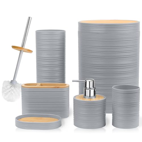 CERBIOR Bathroom Accessories Set 6 Piece Bamboo Bath Ensemble Includes Soap Dispenser Toothbrush Holder Toothbrush Cup Soap Dish for Decorative Countertop and Housewarming Gift Sriral Grey - Image 1
