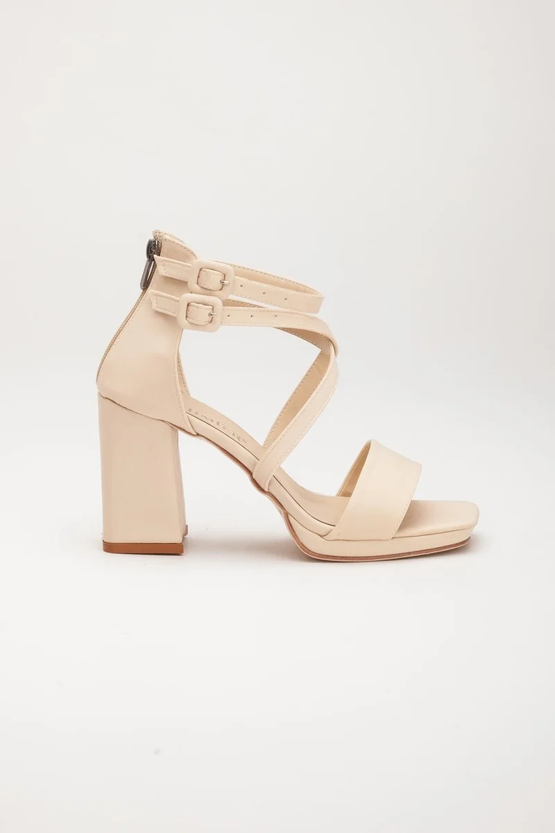 Dilimler Ayakkabı Satin Single and Cross Strap Beige Women's Platform Heel Evening Dress Shoes