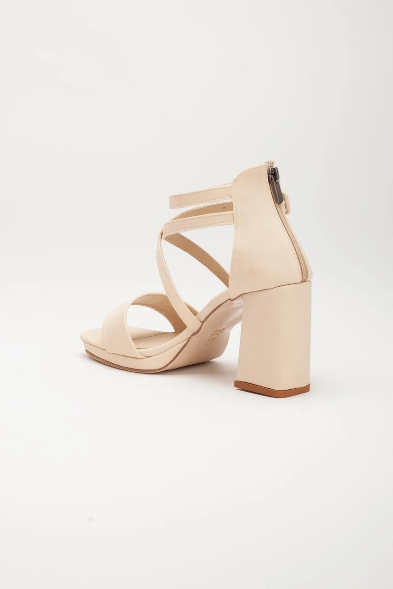 Dilimler Ayakkabı Satin Single and Cross Strap Beige Women's Platform Heel Evening Dress Shoes