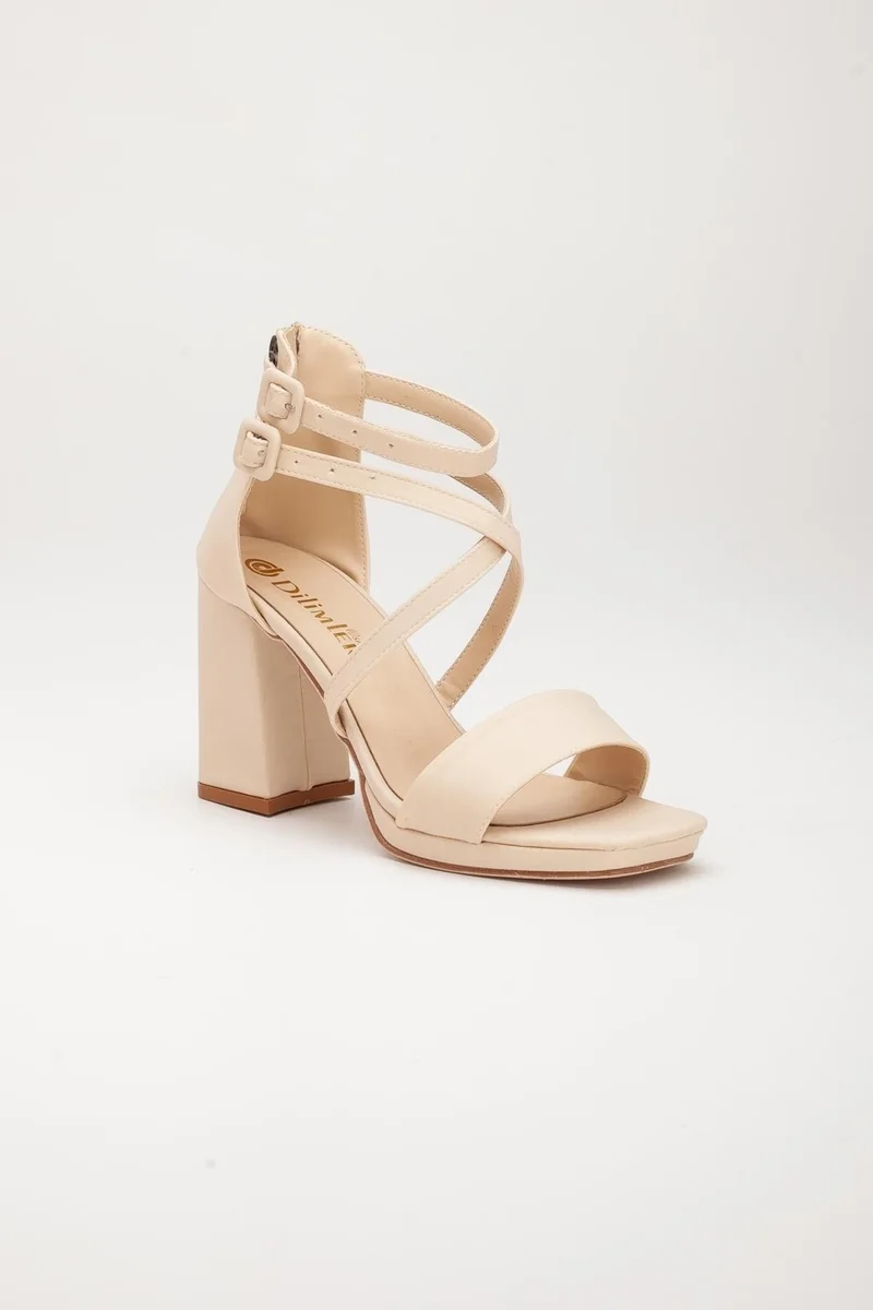 Dilimler Ayakkabı Satin Single and Cross Strap Beige Women's Platform Heel Evening Dress Shoes