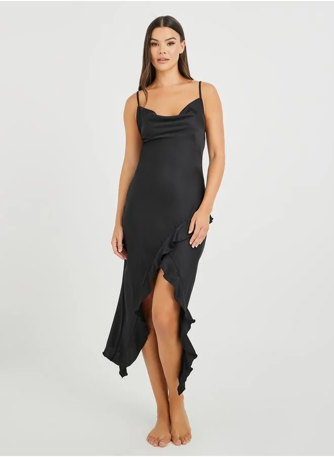 Styli Styli Cowl Neck Ruffle Detail Satin Slip Dress