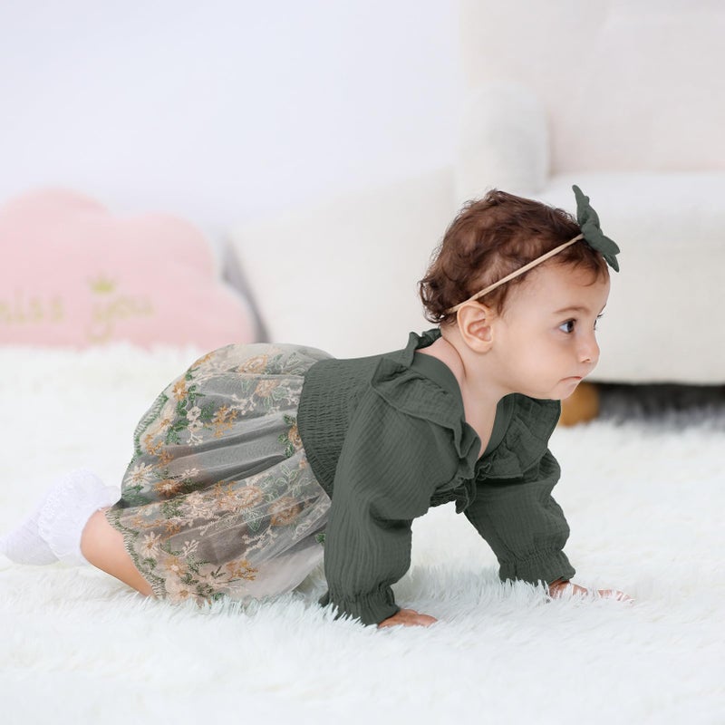 TITKKOP Baby Girl 1st Birthday Clothes One Year Old Tulle Romper Long Sleeve Bodysuit Cake Smash Outfits(dark green-flower,12-18M) - Image 3