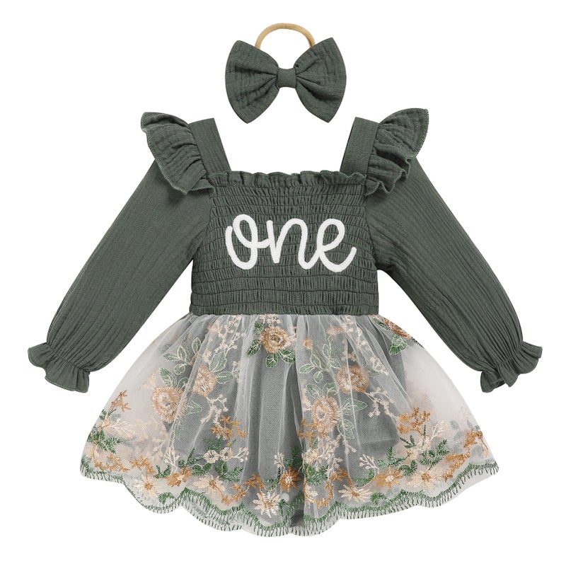 TITKKOP Baby Girl 1st Birthday Clothes One Year Old Tulle Romper Long Sleeve Bodysuit Cake Smash Outfits(dark green-flower,12-18M) - Image 1
