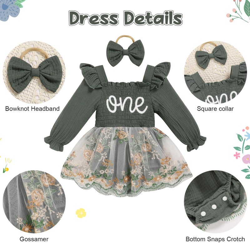 TITKKOP Baby Girl 1st Birthday Clothes One Year Old Tulle Romper Long Sleeve Bodysuit Cake Smash Outfits(dark green-flower,12-18M) - Image 5