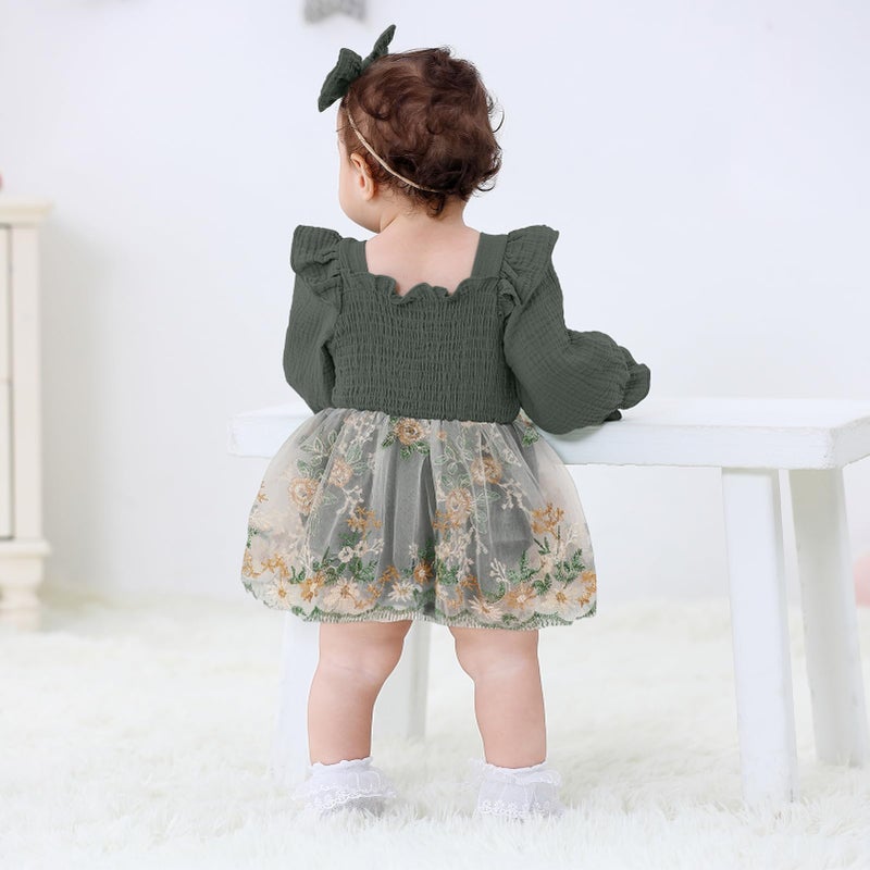 TITKKOP Baby Girl 1st Birthday Clothes One Year Old Tulle Romper Long Sleeve Bodysuit Cake Smash Outfits(dark green-flower,12-18M) - Image 4