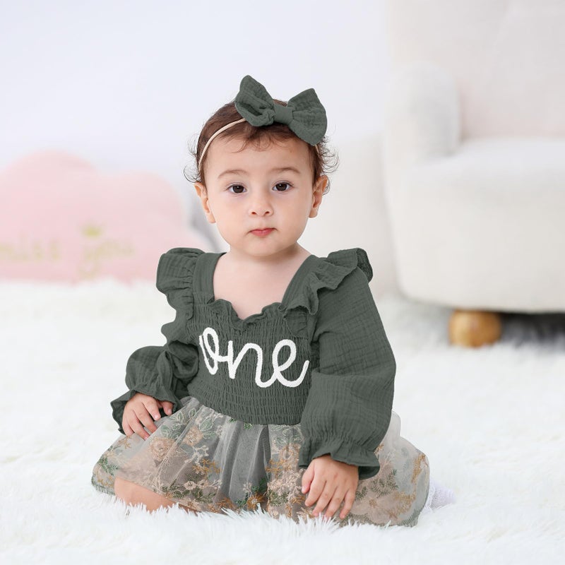 TITKKOP Baby Girl 1st Birthday Clothes One Year Old Tulle Romper Long Sleeve Bodysuit Cake Smash Outfits(dark green-flower,12-18M) - Image 2