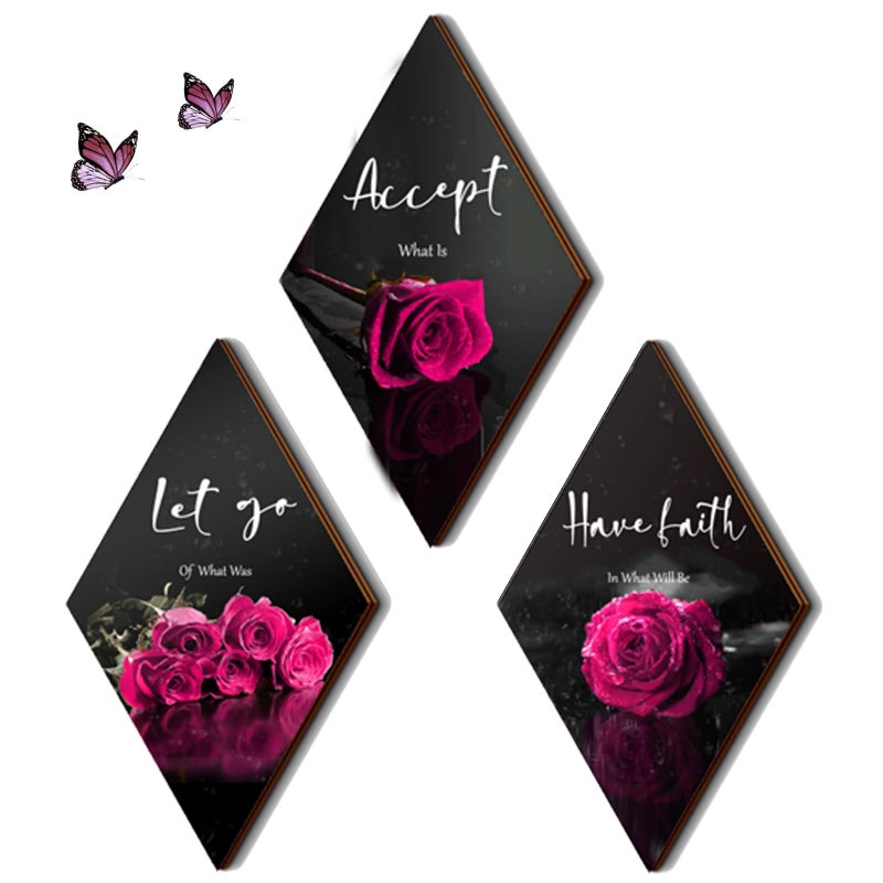 ZINYAZHE 3 Pcs Pink Wall Decor Pink Rose Bathroom Decor Farmhouse Bedroom decor Inspirational Wood Office Wall Art with Accept Let Go Have Faith Sign for Girl Women Living Room Bedroom(12x7 Inch) - Image 1