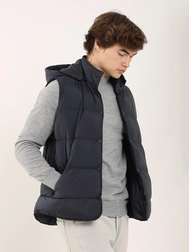 Dufy Navy Blue Men's Regular Fit High Collar Vest Coat