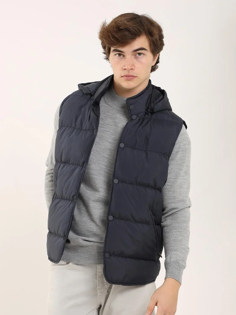 Dufy Navy Blue Men's Regular Fit High Collar Vest Coat