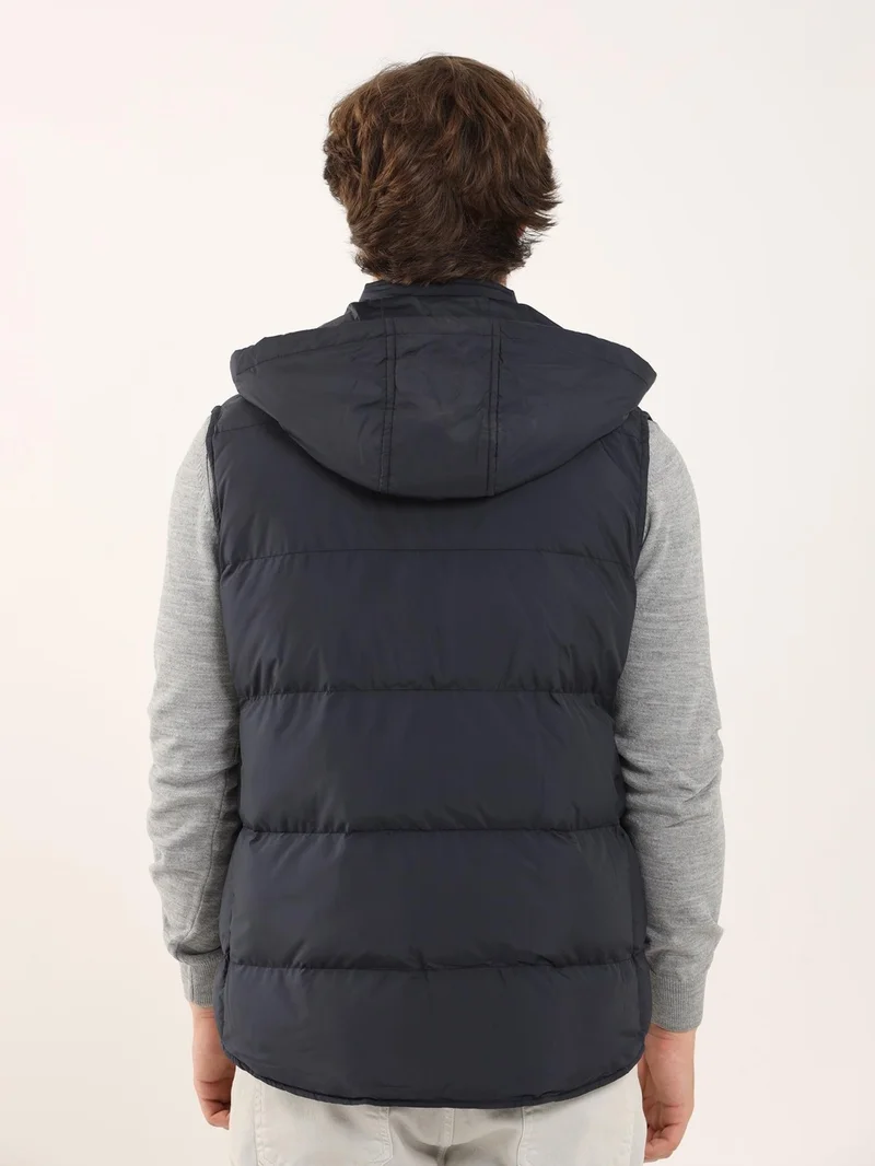 Dufy Navy Blue Men's Regular Fit High Collar Vest Coat