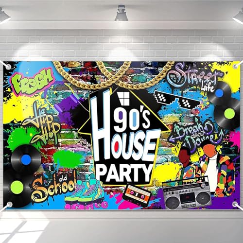 Avezano 90s House Party Backdrop Hip Hop Graffiti 90s Theme House Party Decorations Retro Radio Brick Wall Party Banner 6x36ft - Image 1