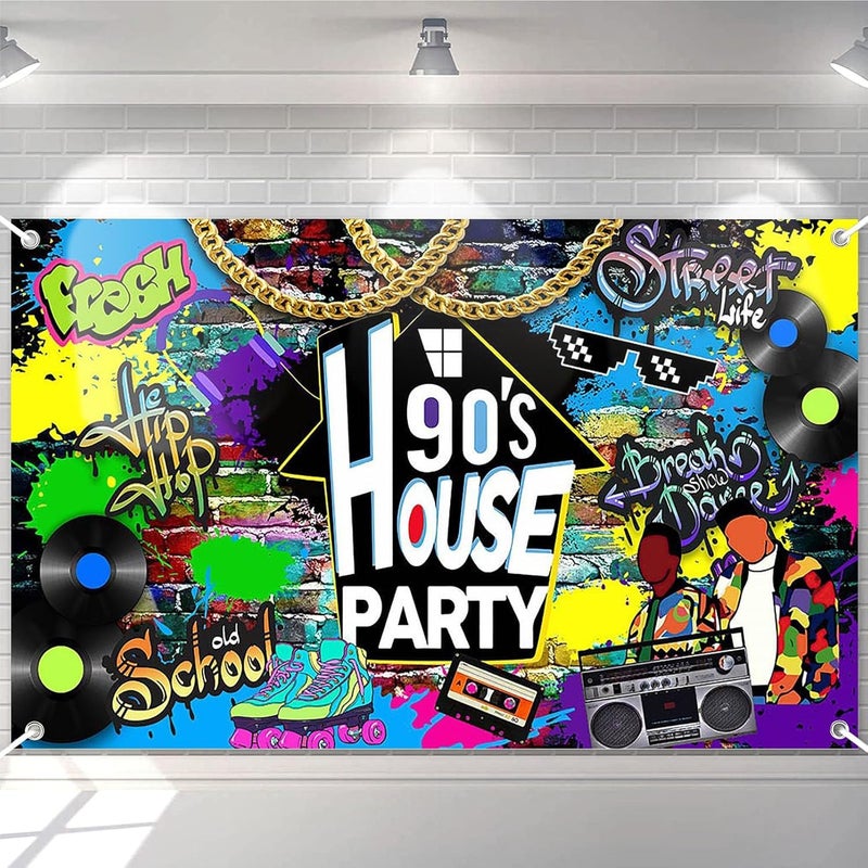 Avezano 90s House Party Backdrop Hip Hop Graffiti 90s Theme House Party Decorations Retro Radio Brick Wall Party Banner 6x36ft - Image 2