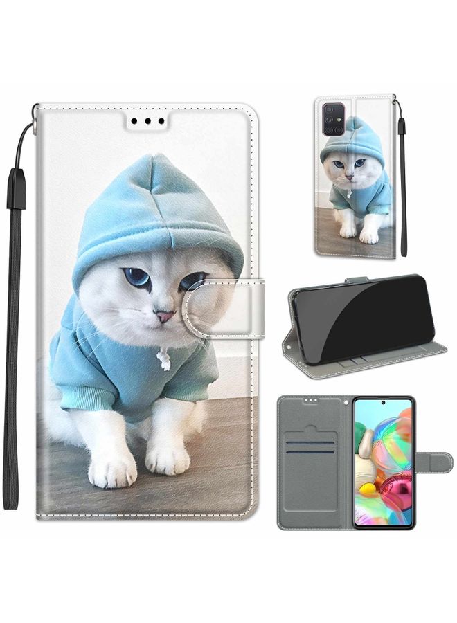 Case Cover For Samsung Galaxy A71 Voltage Colored Drawing Magnetic Clasp Horizontal Flip PU Leather Case with Holder & Card Slots C15 Blue Sweater White Cat