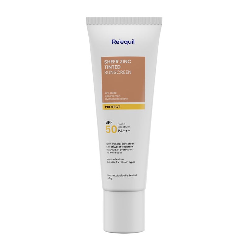RE' EQUIL RE EQUIL Sheer Zinc Tinted Sunscreen 100 MineralBased Sunscreen UVA UBV  IR Protection Water Resistant With SPF 50 PA For All Skin Types 50g - Image 1