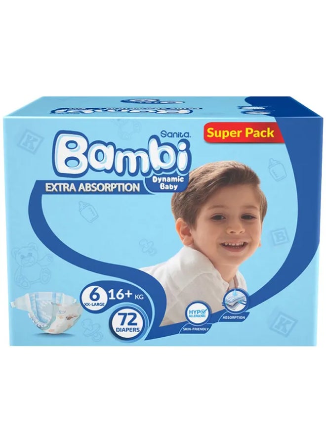 Sanita Bambi Baby Diapers Super Pack Size 6, XX Large +16 KG, 72 Count