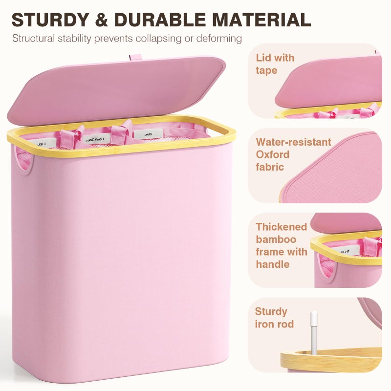 Bathola Hampers for Laundry Basket with Lid, 145L Extra Large 3 Section Clothes Divided Organizer for Bedroom, Laundry Room, Dirty Clothing Hamper, Pink - Image 4