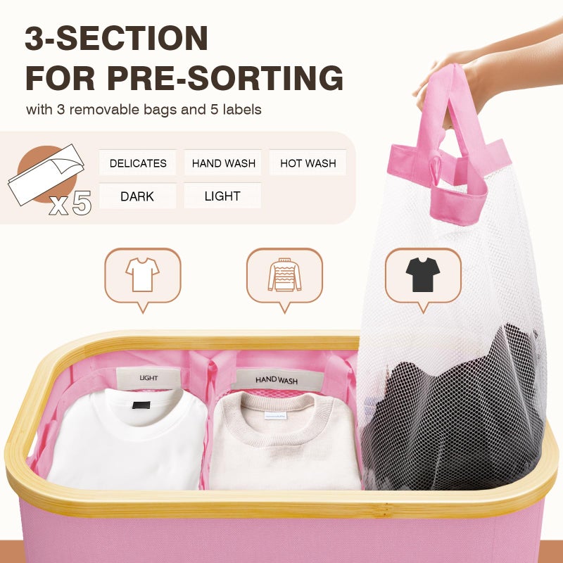 Bathola Hampers for Laundry Basket with Lid, 145L Extra Large 3 Section Clothes Divided Organizer for Bedroom, Laundry Room, Dirty Clothing Hamper, Pink - Image 3