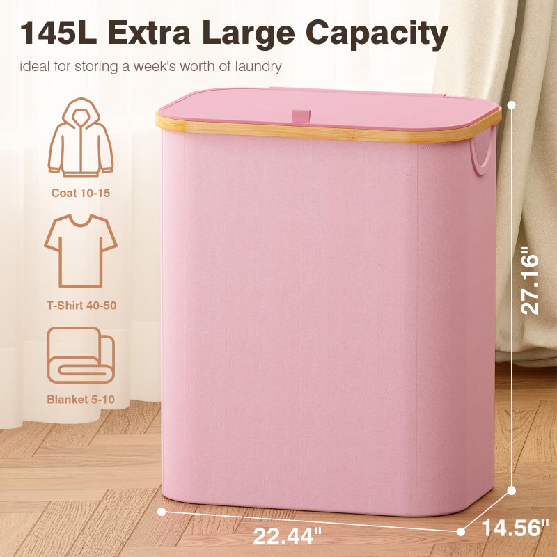 Bathola Hampers for Laundry Basket with Lid, 145L Extra Large 3 Section Clothes Divided Organizer for Bedroom, Laundry Room, Dirty Clothing Hamper, Pink - Image 2