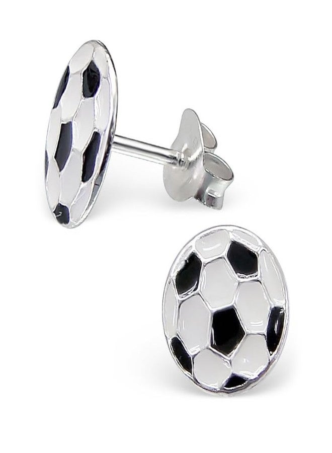 ICYROSE 925 Sterling Silver Round Soccer Ball Stud Earrings (Nickel Free) (Soccer Ball 9mm Flat) - Image 1