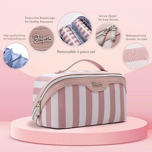 BOYATU Travel Makeup Bag for Women: Large Cosmetic Bag Set of 3 - PU Leather Make up Bag with Compartments - Compact Waterproof Toiletry Bag with Divider & Handle (B-1-Pink) - Image 3