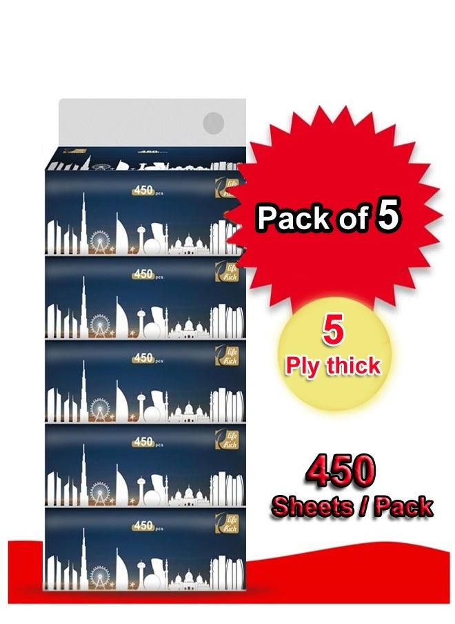 fashionhome - Pack of 5 Multipurpose Use Thick 5 Ply Fragrance Free and Dye Free Tissues 450 Sheets Per Packet Family Pack Facial Tissues Gentle on Skin Lint Free Soft and High Absorbency Paper Towels Ideal for Home Office Travel - Image 1