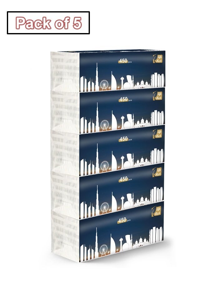 fashionhome - Pack of 5 Multipurpose Use Thick 5 Ply Fragrance Free and Dye Free Tissues 450 Sheets Per Packet Family Pack Facial Tissues Gentle on Skin Lint Free Soft and High Absorbency Paper Towels Ideal for Home Office Travel - Image 1