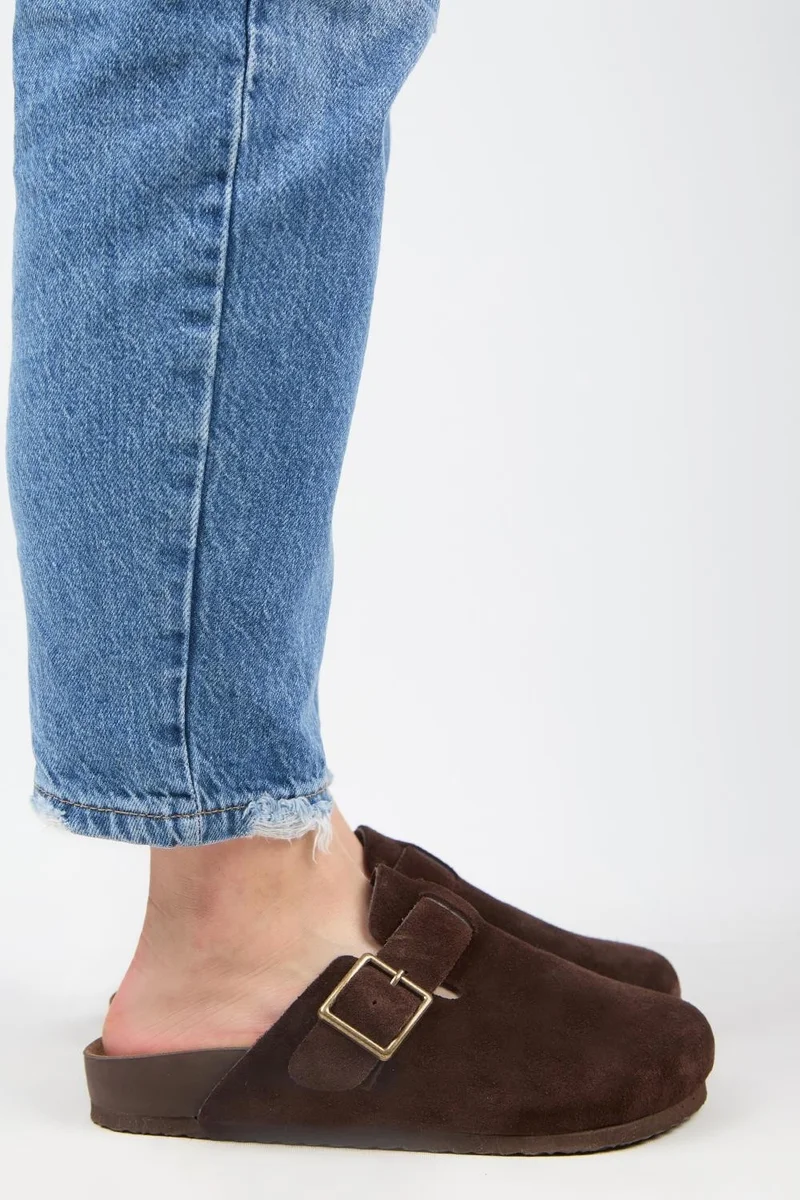 Manijero Manijero Zeta 2 Women's Genuine Leather Belted Buckle Clogs Dark Brown