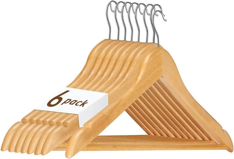 HOUSE DAY 6-Pack Nature Wooden Hanger Wooden Suit Hanger Non-Slip Cloth Hangers Wooden Clothes Hanger (Grade "C") - Image 1