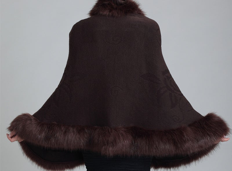 Cross-Border New Womens Knitted Jacket Cheongsam Shawl Imitation Fox Fur Collar Fur Shawl Cape Jacket for Women Brown