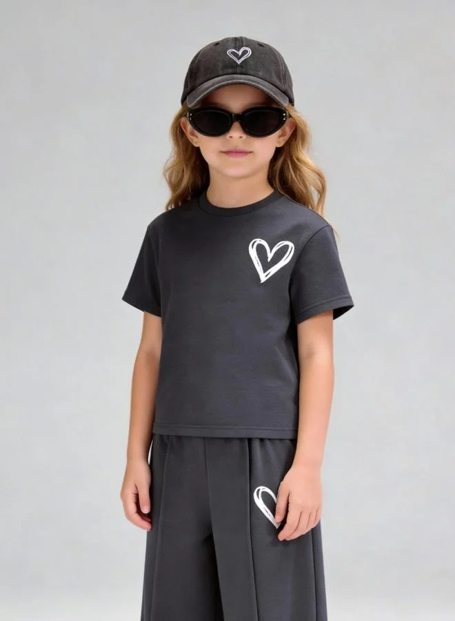 Take Two Girls Grey Heart Print T-Shirt and Wide Leg Pants Set