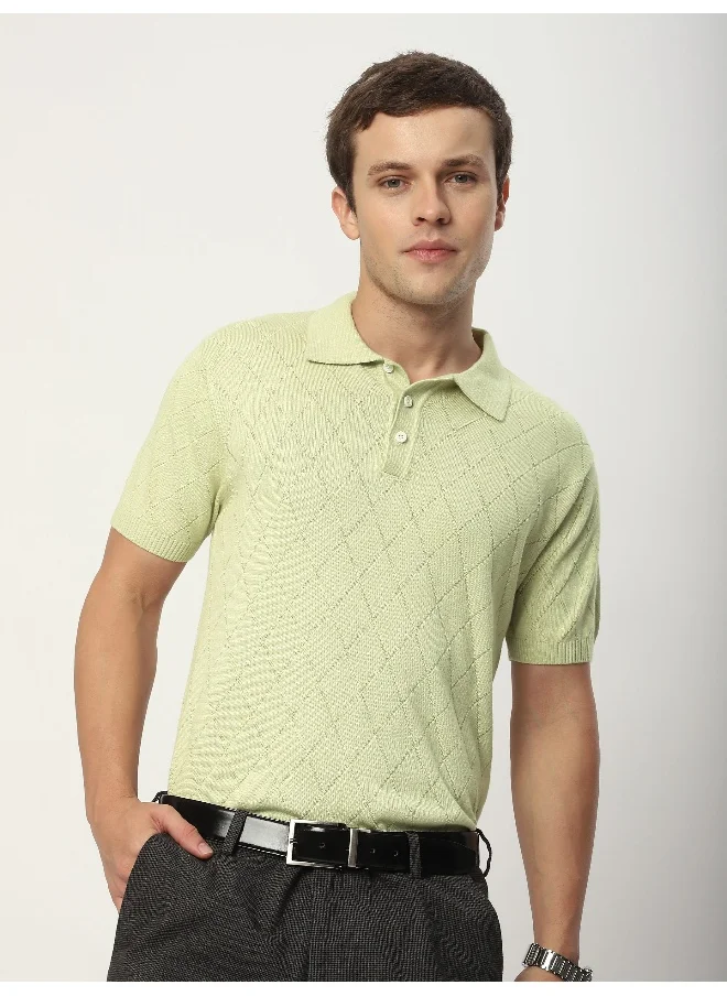 بيونغ Pale Green Diamond Textured Flat Knit Polo T-Shirt for Men