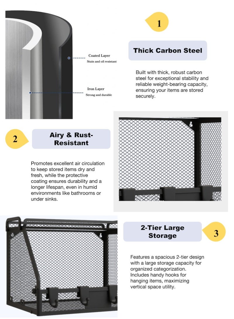ياسمينةارا منظم تخزين شبكي قابل للطي مع خطافات وسلة، رف تخزين من طبقتين يُثبت على الحائط أو سطح الطاولة، سلة خضراوات للمطبخ، رف معدني متين من الحديد لسطح طاولة المطبخ، المخزن، الحمام، المكتب - موفر للمساحة ومتعدد الاستخدامات - Image 3