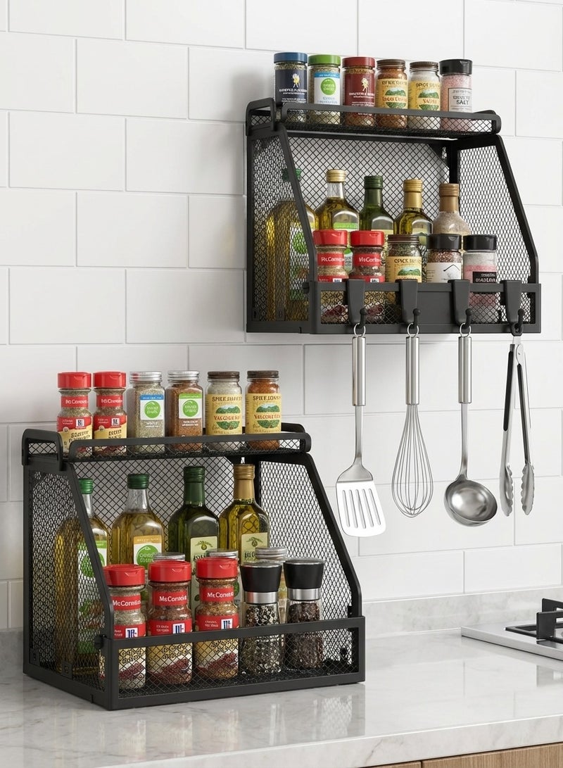 ياسمينةارا منظم تخزين شبكي قابل للطي مع خطافات وسلة، رف تخزين من طبقتين يُثبت على الحائط أو سطح الطاولة، سلة خضراوات للمطبخ، رف معدني متين من الحديد لسطح طاولة المطبخ، المخزن، الحمام، المكتب - موفر للمساحة ومتعدد الاستخدامات - Image 1