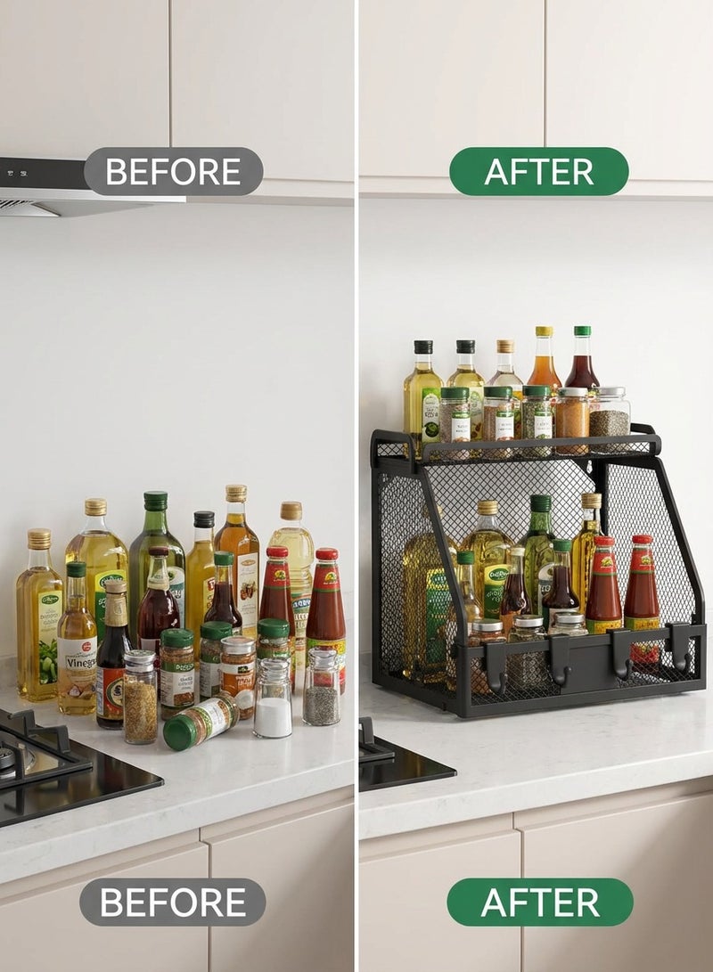 ياسمينةارا منظم تخزين شبكي قابل للطي مع خطافات وسلة، رف تخزين من طبقتين يُثبت على الحائط أو سطح الطاولة، سلة خضراوات للمطبخ، رف معدني متين من الحديد لسطح طاولة المطبخ، المخزن، الحمام، المكتب - موفر للمساحة ومتعدد الاستخدامات - Image 2