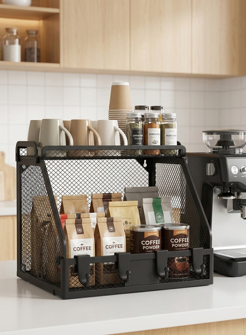 ياسمينةارا منظم تخزين شبكي قابل للطي مع خطافات وسلة، رف تخزين من طبقتين يُثبت على الحائط أو سطح الطاولة، سلة خضراوات للمطبخ، رف معدني متين من الحديد لسطح طاولة المطبخ، المخزن، الحمام، المكتب - موفر للمساحة ومتعدد الاستخدامات - Image 4