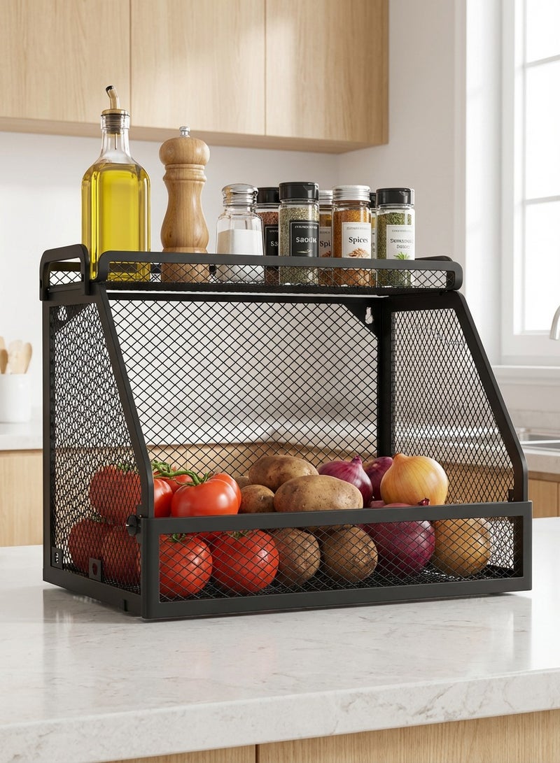 ياسمينةارا منظم تخزين شبكي قابل للطي مع خطافات وسلة، رف تخزين من طبقتين يُثبت على الحائط أو سطح الطاولة، سلة خضراوات للمطبخ، رف معدني متين من الحديد لسطح طاولة المطبخ، المخزن، الحمام، المكتب - موفر للمساحة ومتعدد الاستخدامات - Image 5