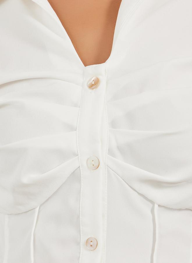 Styli Solid Pleated Spread Collar Long Sleeve Shirt - Image 3