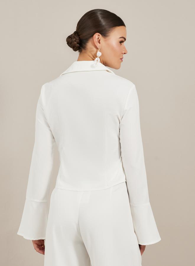 Styli Solid Pleated Spread Collar Long Sleeve Shirt - Image 4