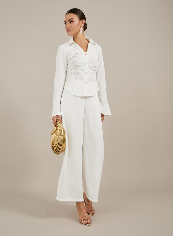 Styli Solid Pleated Spread Collar Long Sleeve Shirt - Image 1