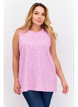 Women Crew Neck Sleeveless Floral Print Top, Pink Combo