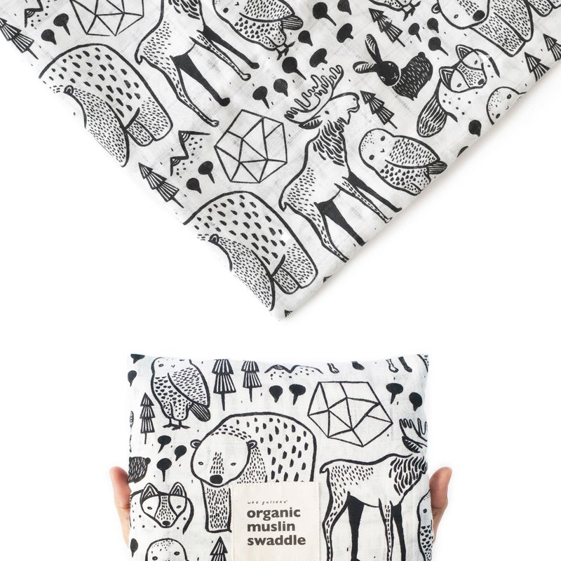 Wee Gallery Organic Muslin Swaddle Nordic Woodland Animals Design Black and White for Baby Visual Development Quality Cotton Swaddling or Receiving Blanket - Image 2