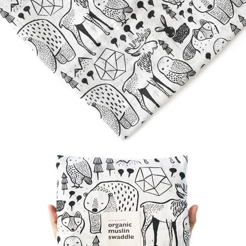 Wee Gallery Organic Muslin Swaddle Nordic Woodland Animals Design Black and White for Baby Visual Development Quality Cotton Swaddling or Receiving Blanket - Image 1