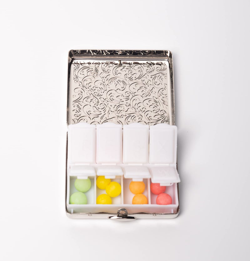 EYIDADAE Fashion Elegant Medicine Portable Double Protection Switch Metal Travel Pill Box (7 Days) /8 Compartment (Light Silver) - Image 4