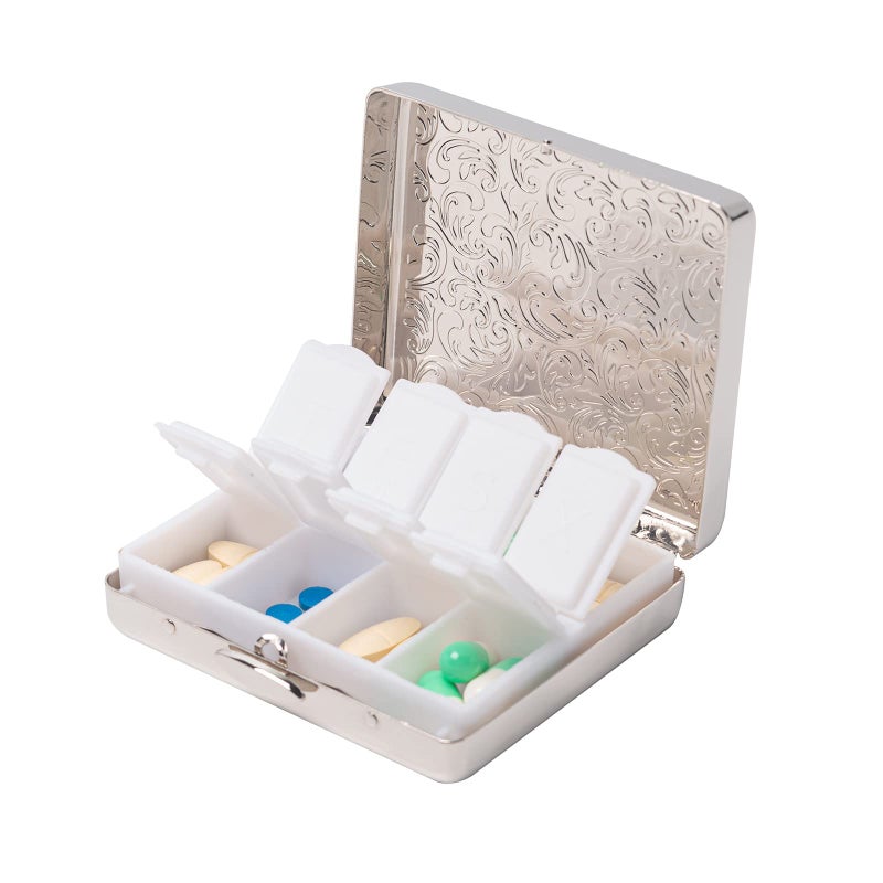 EYIDADAE Fashion Elegant Medicine Portable Double Protection Switch Metal Travel Pill Box (7 Days) /8 Compartment (Light Silver) - Image 1